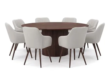 Kopparbo rund spisegruppe 180 cm Valnød med 8 Filippa-spisebordsstole - Valnød - Møbler - Borde - Spisebordssæt