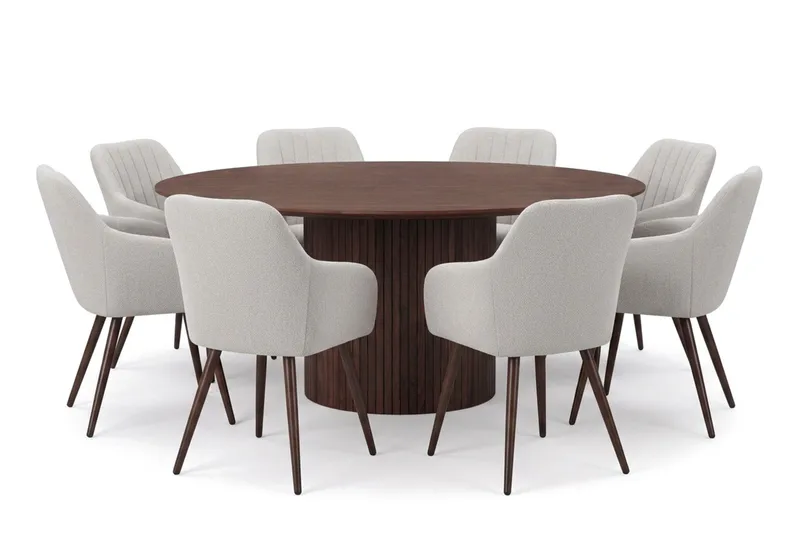 Kopparbo rund spisegruppe 180 cm Valnød med 8 Filippa-spisebordsstole, Valnød