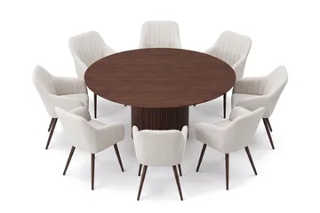Kopparbo rund spisegruppe 180 cm Valnød med 8 Filippa-spisebordsstole - Valnød - Møbler - Borde - Spisebordssæt