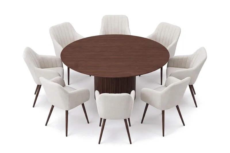 Kopparbo rund spisegruppe 180 cm Valnød med 8 Filippa-spisebordsstole - Valnød - Møbler - Borde - Spisebordssæt