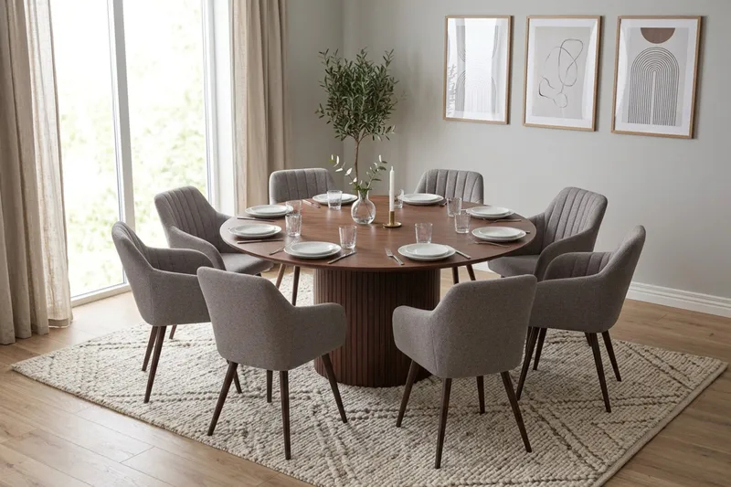 Kopparbo rund spisegruppe 180 cm Valnød med 8 Filippa-spisebordsstole - Valnød - Møbler - Borde - Spisebordssæt