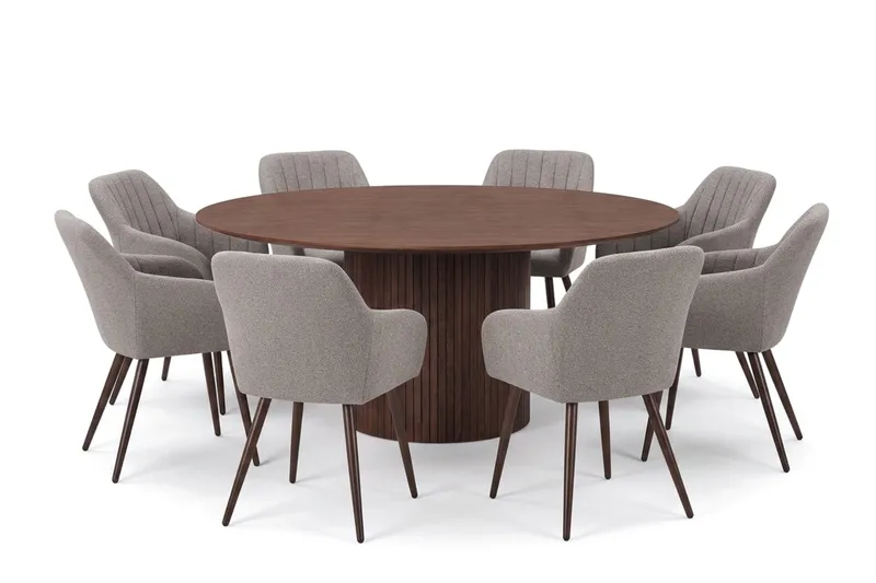 Kopparbo rund spisegruppe 180 cm Valnød med 8 Filippa-spisebordsstole, Valnød