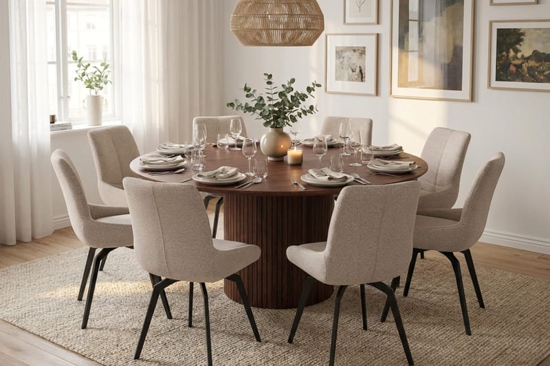 Kopparbo rund spisegruppe 180 cm valnød med 8 Mora-spisestole - Valnød - Møbler - Borde - Spisebordssæt