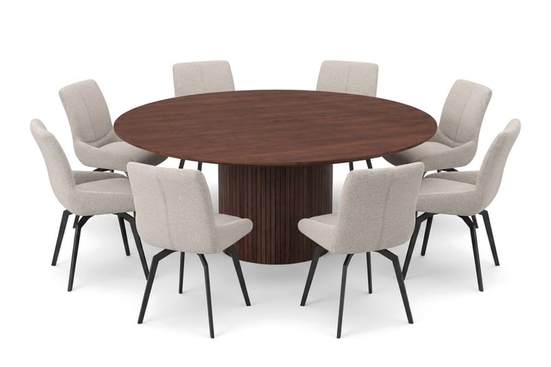 Kopparbo rund spisegruppe 180 cm valnød med 8 Mora-spisestole, Valnød