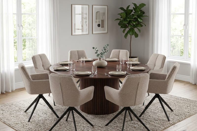Kopparbo rund spisegruppe 180 cm valnød med 8 Torsby-spisestole - Valnød - Møbler - Borde - Spisebordssæt