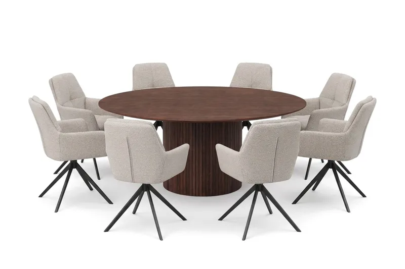 Kopparbo rund spisegruppe 180 cm valnød med 8 Torsby-spisestole, Valnød