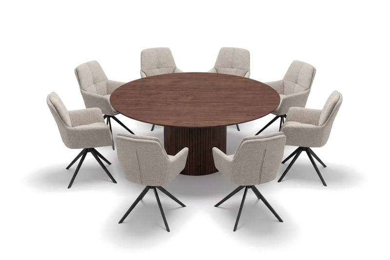 Kopparbo rund spisegruppe 180 cm valnød med 8 Torsby-spisestole - Valnød - Møbler - Borde - Spisebordssæt