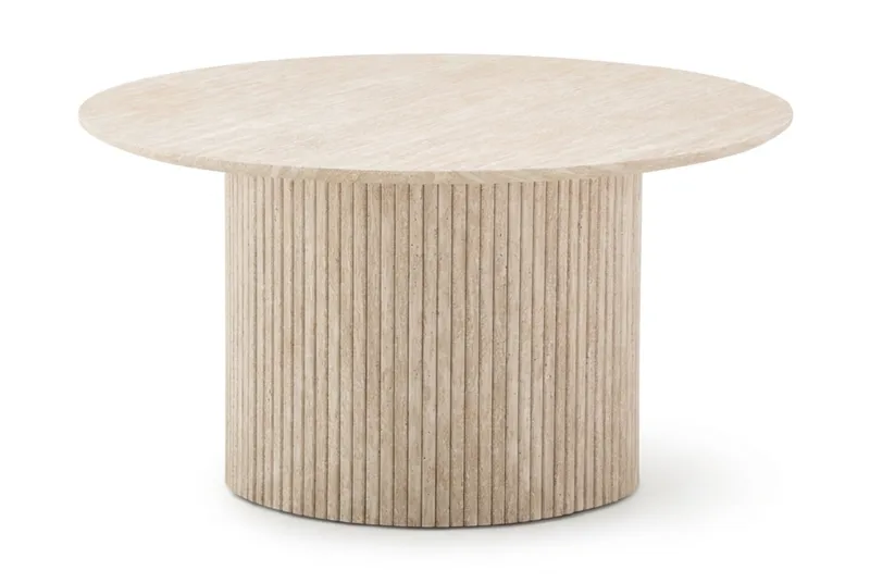 Kopparbo Rundt Sofabord 85 cm med Travertinudseende, Rillet Søjlefod og Tynd Bordplade, Beige
