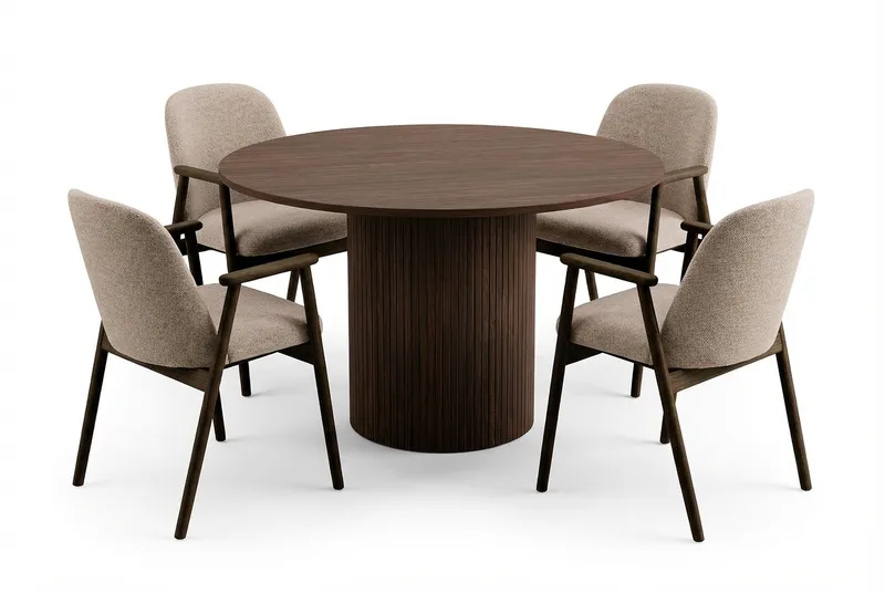 Kopparbo rundt spisebord 120 cm mørkebrunt med 4 Reciclar spisestole, undefined