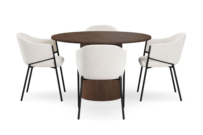 Kopparbo Rundt Spisebord 120 cm med 4 Filip Spisestole - Mørkebrun / Hvid Bouclé - Møbler - Borde - Spisebordssæt