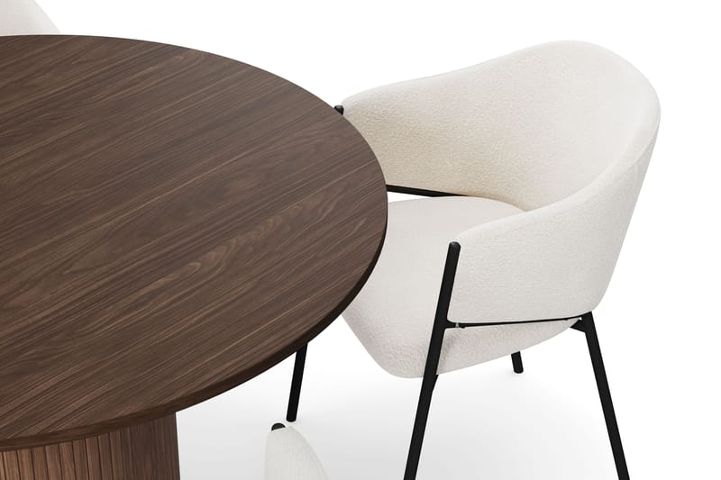 Kopparbo Rundt Spisebord 120 cm med 4 Filip Spisestole - Mørkebrun / Hvid Bouclé - Møbler - Borde - Spisebordssæt