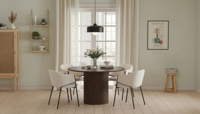 Kopparbo Rundt Spisebord 120 cm med 4 Filip Spisestole - Mørkebrun / Hvid Bouclé - Møbler - Borde - Spisebordssæt