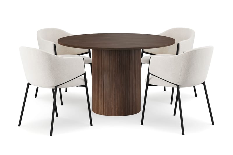 Kopparbo Rundt Spisebord 120 cm med 4 Filip Spisestole - Mørkebrun / Hvid Bouclé - Møbler - Borde - Spisebordssæt