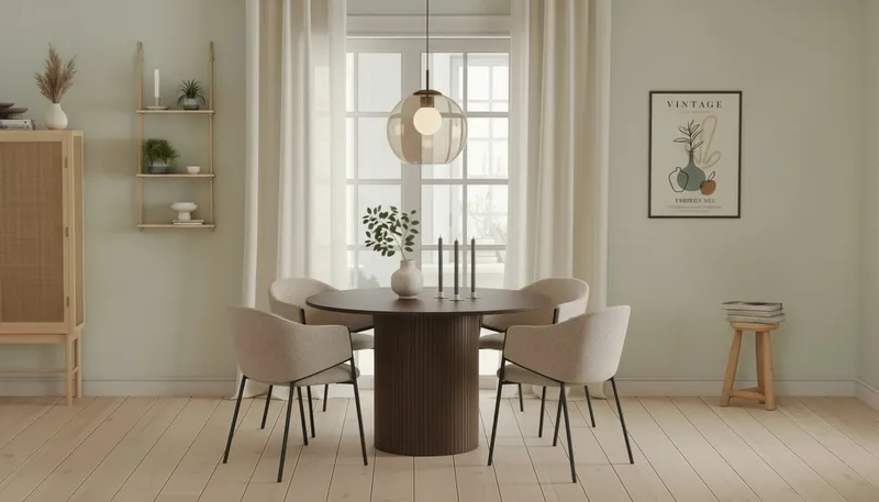 Kopparbo Rundt Spisebord 120 cm med 4 Filip Spisestole - Mørkebrun / Taupe Bouclé - Møbler - Borde - Spisebordssæt