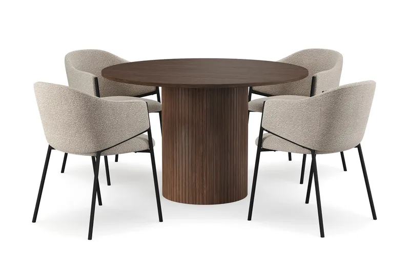 Kopparbo Rundt Spisebord 120 cm med 4 Filip Spisestole, Mørkebrun / Taupe Bouclé