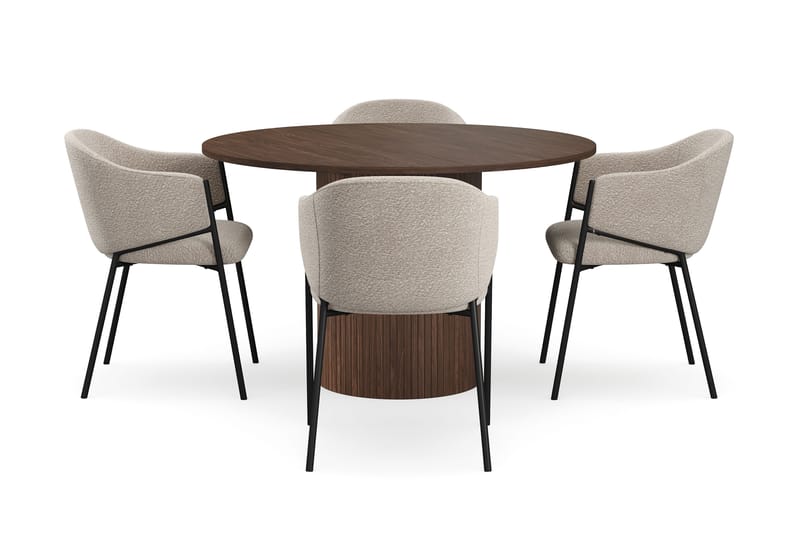 Kopparbo Rundt Spisebord 120 cm med 4 Filip Spisestole - Mørkebrun / Taupe Bouclé - Møbler - Borde - Spisebordssæt