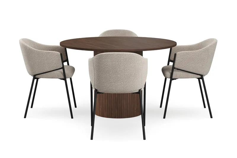 Kopparbo Rundt Spisebord 120 cm med 4 Filip Spisestole - Mørkebrun / Taupe Bouclé - Møbler - Borde - Spisebordssæt