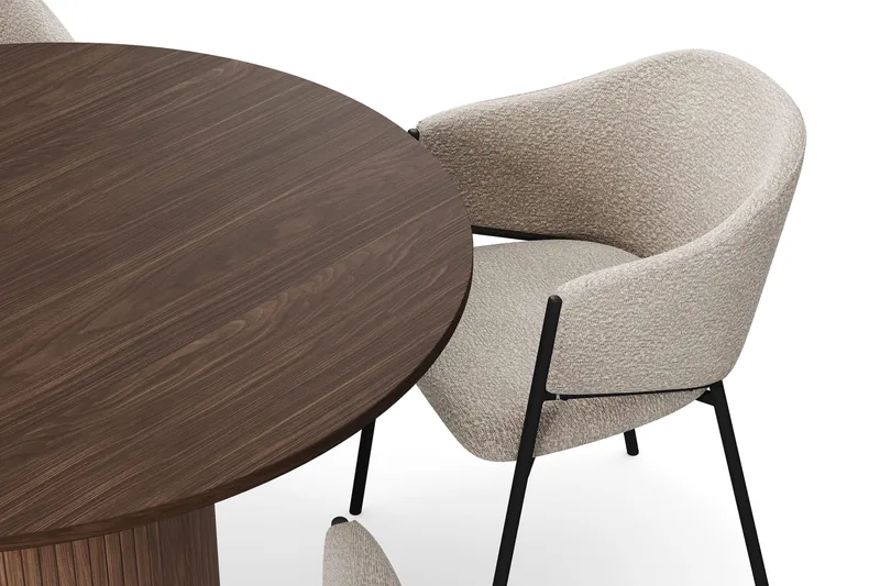 Kopparbo Rundt Spisebord 120 cm med 4 Filip Spisestole - Mørkebrun / Taupe Bouclé - Møbler - Borde - Spisebordssæt