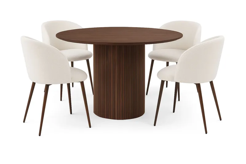 Kopparbo Rundt Spisebord 120 cm med 4 Greya Spisestole med armlæn, Mørkebrun / Hvid Bouclé / Metalben Valnød