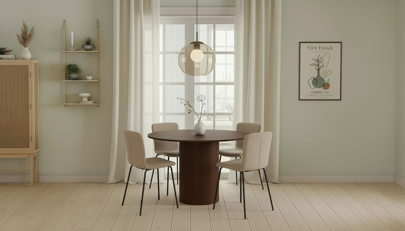 Kopparbo Rundt Spisebord 120 cm med 4 Katy Spisestole - Mørkebrun / Greige Bouclé / Metalben Sort - Møbler - Borde - Spisebordssæt