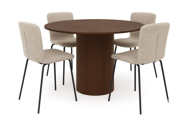 Kopparbo Rundt Spisebord 120 cm med 4 Katy Spisestole, Mørkebrun / Greige Bouclé / Metalben Sort