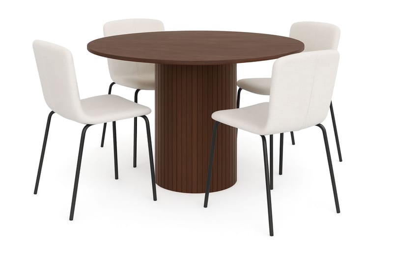 Kopparbo Rundt Spisebord 120 cm med 4 Katy Spisestole, Mørkebrun / Hvid Bouclé / Metalben Sort
