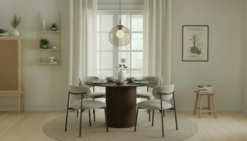 Kopparbo Rundt Spisebord 120 cm med 4 Lucy Spisestole - Mørkebrun / Greige Bouclé / Metalben Sort - Møbler - Borde - Spisebordssæt