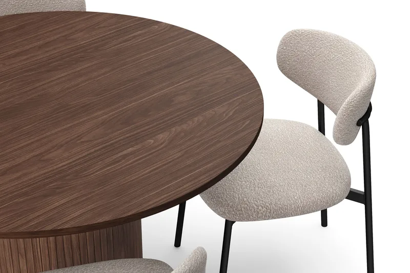 Kopparbo Rundt Spisebord 120 cm med 4 Lucy Spisestole - Mørkebrun / Greige Bouclé / Metalben Sort - Møbler - Borde - Spisebordssæt