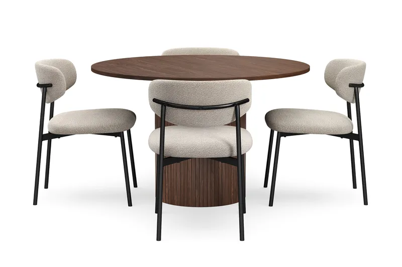 Kopparbo Rundt Spisebord 120 cm med 4 Lucy Spisestole - Mørkebrun / Greige Bouclé / Metalben Sort - Møbler - Borde - Spisebordssæt