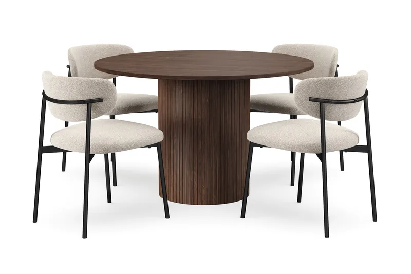 Kopparbo Rundt Spisebord 120 cm med 4 Lucy Spisestole, Mørkebrun / Greige Bouclé / Metalben Sort