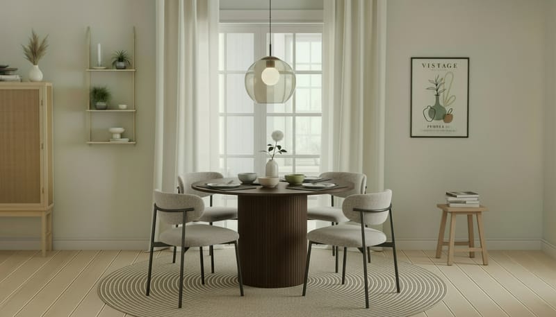 Kopparbo Rundt Spisebord 120 cm med 4 Lucy Spisestole - Mørkebrun / Greige Bouclé / Metalben Sort - Møbler - Borde - Spisebordssæt