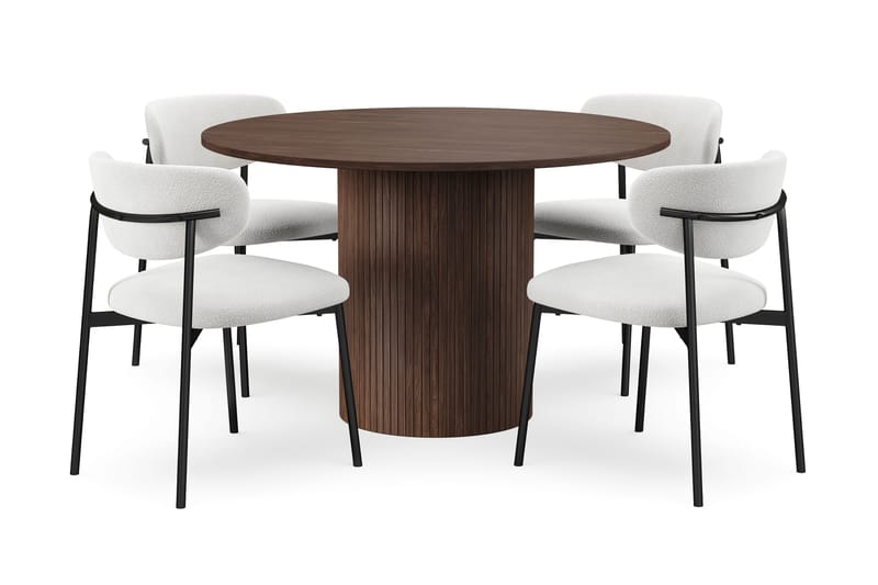 Kopparbo Rundt Spisebord 120 cm med 4 Lucy Spisestole, Mørkebrun / Hvid Bouclé / Metalben Sort