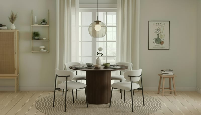 Kopparbo Rundt Spisebord 120 cm med 4 Lucy Spisestole - Mørkebrun / Hvid Bouclé / Metalben Sort - Møbler - Borde - Spisebordssæt