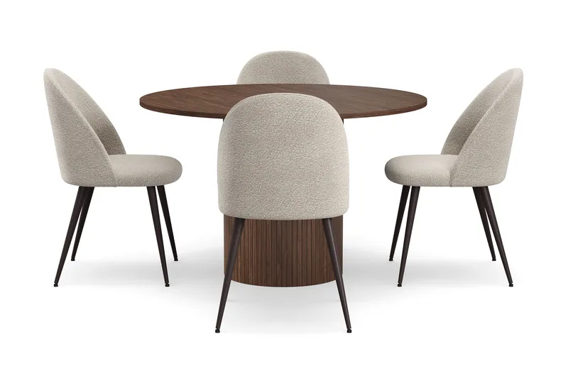Kopparbo Rundt Spisebord 120 cm med 4 Nibe Plus Spisestole - Mørkebrun / Greige Bouclé / Metalben Valnød - Møbler - Borde - Spisebordssæt