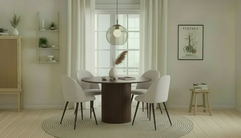 Kopparbo Rundt Spisebord 120 cm med 4 Nibe Plus Spisestole - Mørkebrun / Hvid Bouclé / Metalben Valnød - Møbler - Borde - Spisebordssæt