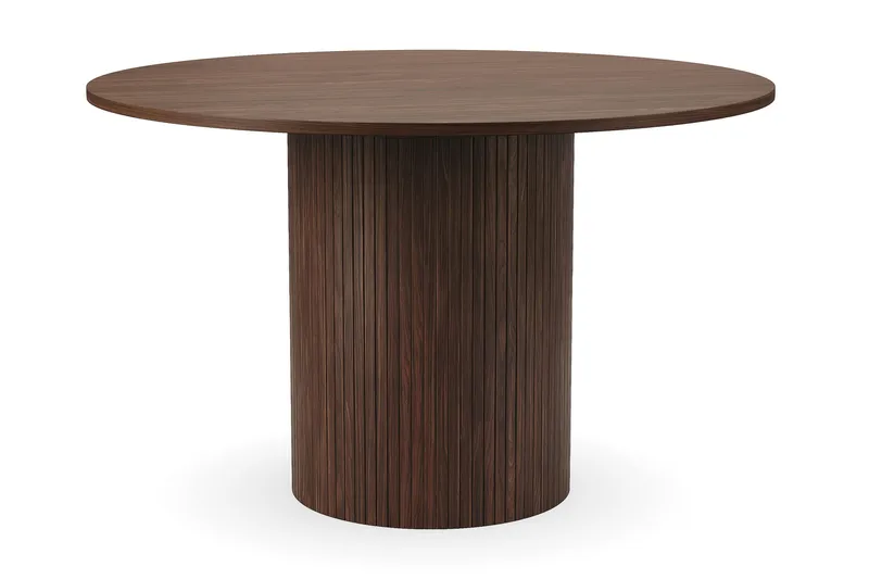 Kopparbo Rundt Spisebord 120 cm med 4 Nibe Plus Spisestole - Mørkebrun / Greige Bouclé / Metalben Valnød - Møbler - Borde - Spisebordssæt