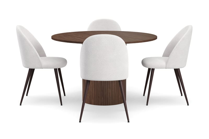 Kopparbo Rundt Spisebord 120 cm med 4 Nibe Plus Spisestole - Mørkebrun / Hvid Bouclé / Metalben Valnød - Møbler - Borde - Spisebordssæt