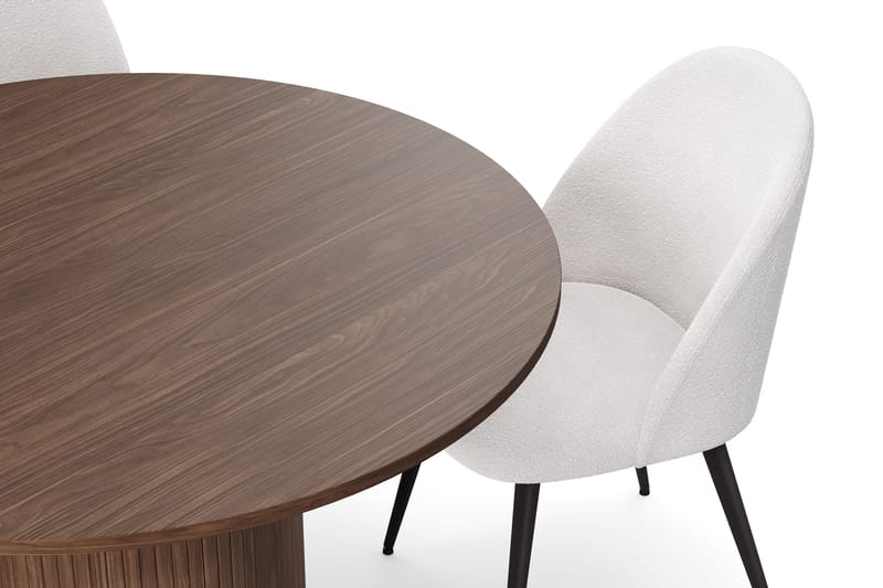 Kopparbo Rundt Spisebord 120 cm med 4 Nibe Plus Spisestole - Mørkebrun / Hvid Bouclé / Metalben Valnød - Møbler - Borde - Spisebordssæt
