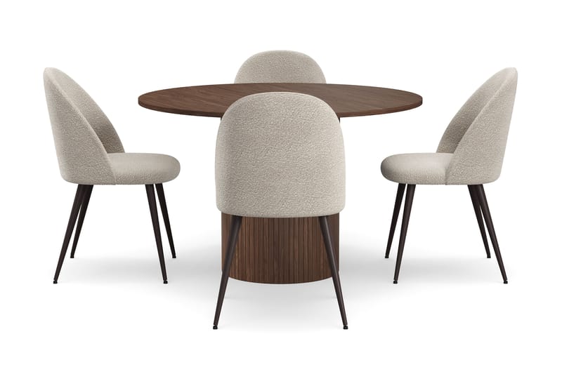Kopparbo Rundt Spisebord 120 cm med 4 Nibe Plus Spisestole - Mørkebrun / Greige Bouclé / Metalben Valnød - Møbler - Borde - Spisebordssæt