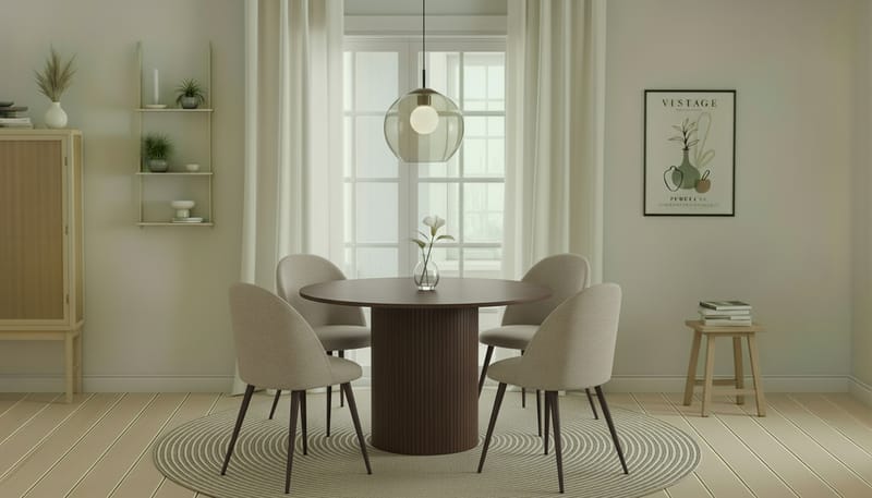 Kopparbo Rundt Spisebord 120 cm med 4 Nibe Plus Spisestole - Mørkebrun / Greige Bouclé / Metalben Valnød - Møbler - Borde - Spisebordssæt