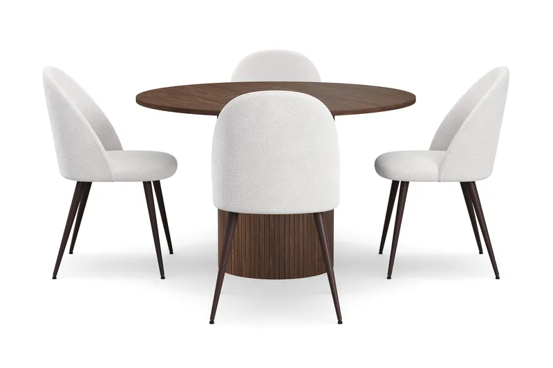 Kopparbo Rundt Spisebord 120 cm med 4 Nibe Plus Spisestole - Mørkebrun / Hvid Bouclé / Metalben Valnød - Møbler - Borde - Spisebordssæt