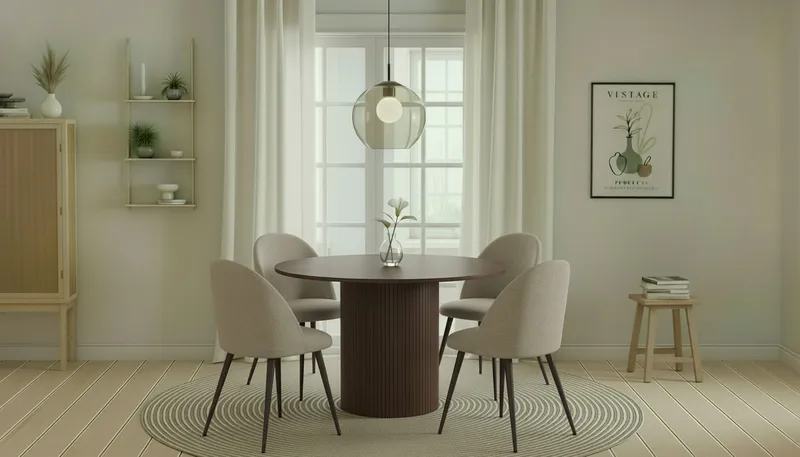 Kopparbo Rundt Spisebord 120 cm med 4 Nibe Plus Spisestole - Mørkebrun / Greige Bouclé / Metalben Valnød - Møbler - Borde - Spisebordssæt