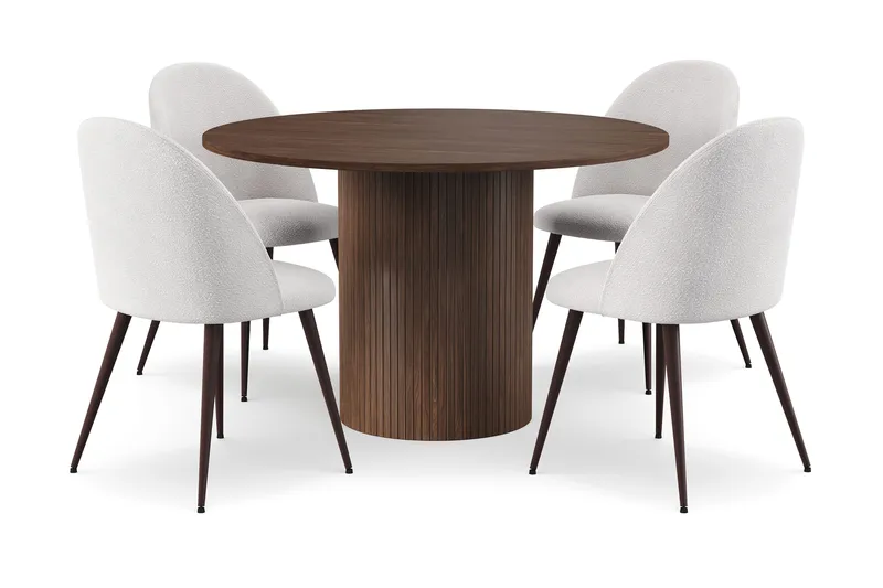 Kopparbo Rundt Spisebord 120 cm med 4 Nibe Plus Spisestole, Mørkebrun / Hvid Bouclé / Metalben Valnød