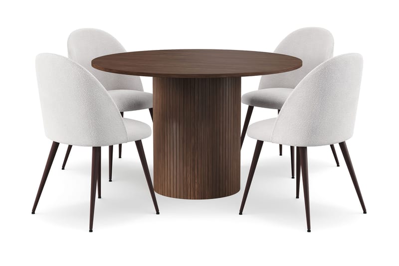 Kopparbo Rundt Spisebord 120 cm med 4 Nibe Plus Spisestole, Mørkebrun / Hvid Bouclé / Metalben Valnød