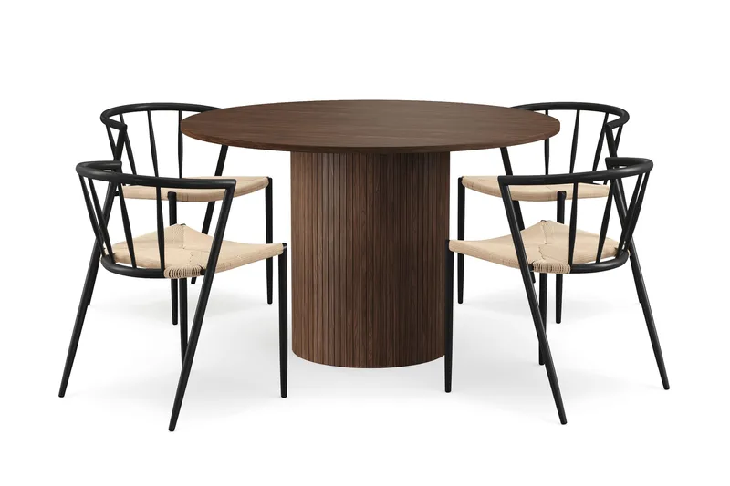 Kopparbo Rundt Spisebord 120 cm med 4 Winston Spisestole, Mørkebrun / Beige / Metalben Sort