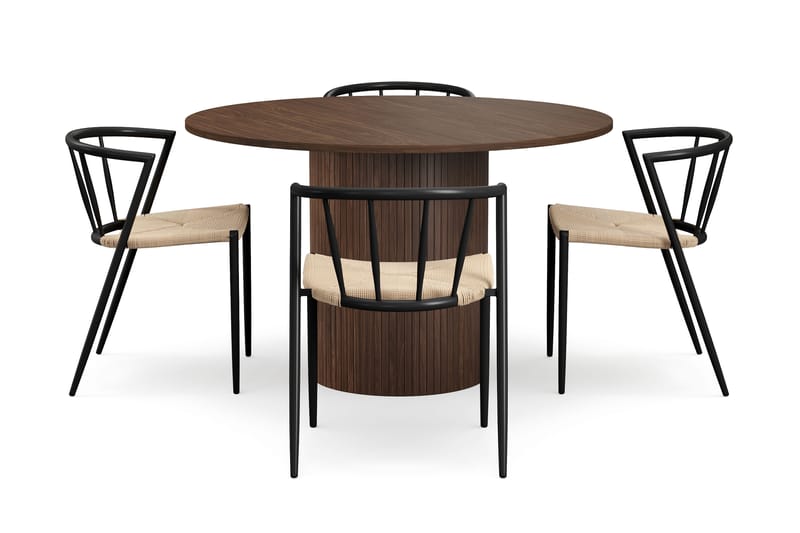 Kopparbo Rundt Spisebord 120 cm med 4 Winston Spisestole - Mørkebrun / Beige / Metalben Sort - Møbler - Borde - Spisebordssæt