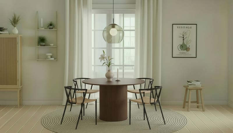 Kopparbo Rundt Spisebord 120 cm med 4 Winston Spisestole - Mørkebrun / Beige / Metalben Sort - Møbler - Borde - Spisebordssæt