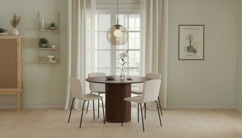 Kopparbo Rundt Spisebord 120 cm til 6 personer med 4 Katy Spisestole - Mørkebrun / Hvid Bouclé / Metalben Sort - Møbler - Borde - Spisebordssæt