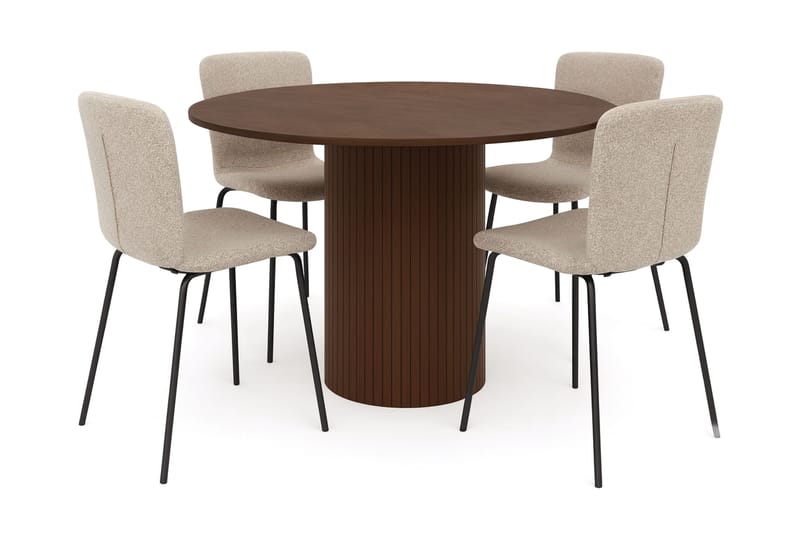 Kopparbo Rundt Spisebord 120 cm til 6 personer med 4 Katy Spisestole, Mørkebrun / Greige Bouclé / Metalben Sort