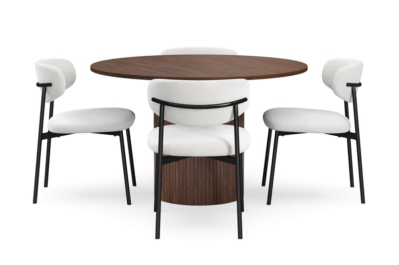 Kopparbo Rundt Spisebord 120 cm til 6 personer med 4 Lucy Spisestole - Mørkebrun / Hvid Bouclé / Metalben Sort - Møbler - Borde - Spisebordssæt